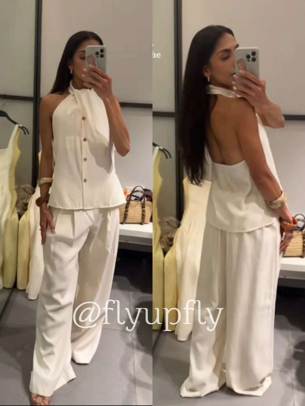 Zara Set 2pc Wide Leg Pants And Top Cream Size S